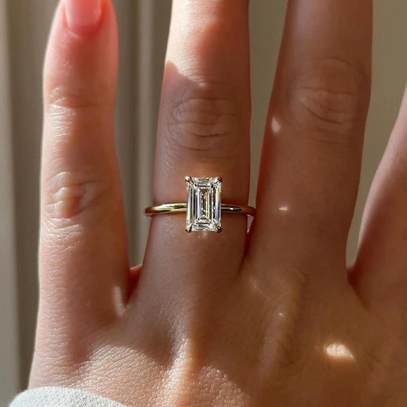 2 CT Emerald Cut Engagement Rings Emerald Cut 14K Solid Gold Solitaire Engagement Rings Moissanite Engagement Ring Praposal Ring For Her