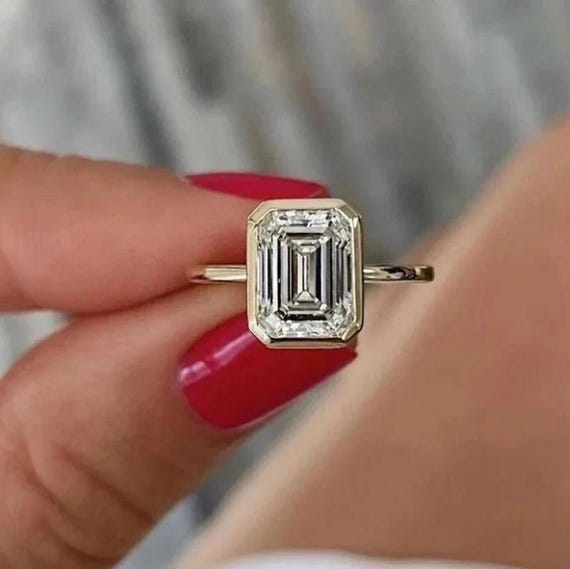3CT Emerald Cut Moissanite Engagement Ring, Bezel Set Solitaire Ring, 14K Solid Gold Wedding Band, Anniversary & Mother’s Day Gift