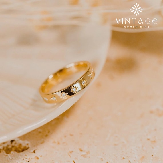 Classic Starburst Moissanite Band Star Setting Celestial Ring Thick Band 14K Solid Gold Proposal Stackable Band For Her Wedding Gift Band