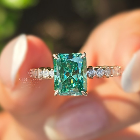 Green Radiant Cut Moissanite Engagement Ring with Hidden Halo Ring 14K Solid Gold Ring Promise Ring  Wedding Anniversary Gift Ring for Wife