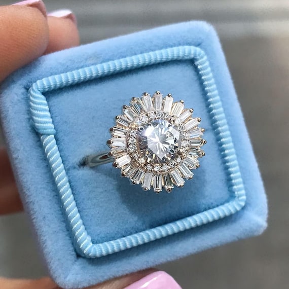 Round Moissanite Engagement Ring Starburst Round Engagement Ring Sunburst Wedding Ring 14K Solid Gold Promise Ring Anniversary Gift Ring