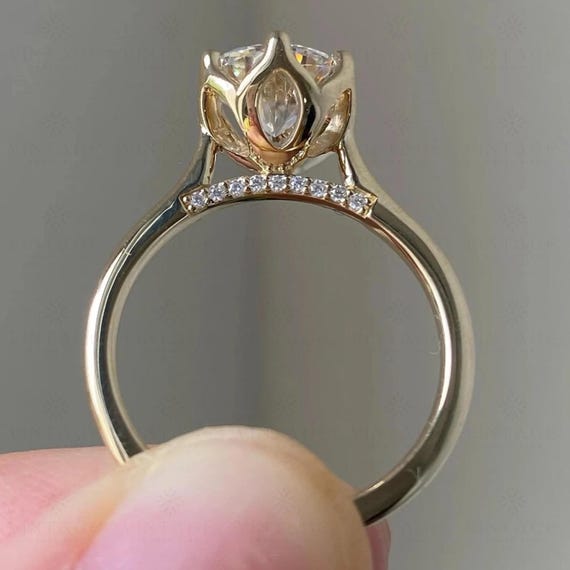 1 CT Round Cut Moissanite Tulip Prong Ring 18K Solid Gold Fancy Prong Set Tulip Lotus Prong Flower Basket Promise Proposal Ring Wedding Ring