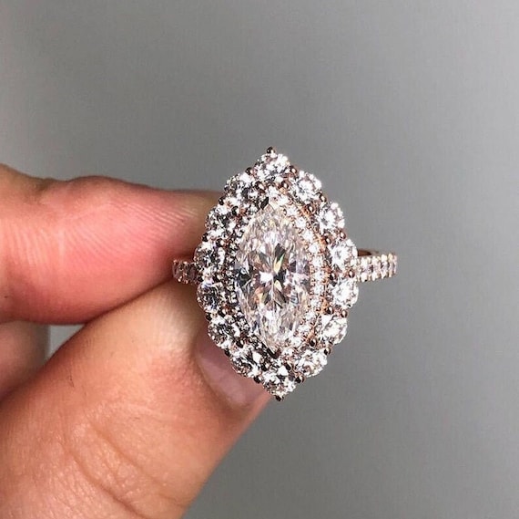 1.0ct Marquise Double Halo Moissanite Engagement Ring, Marquise Cluster Pave Diamond Ring, 18k Gold Anniversary Wedding Ring, Propose Ring