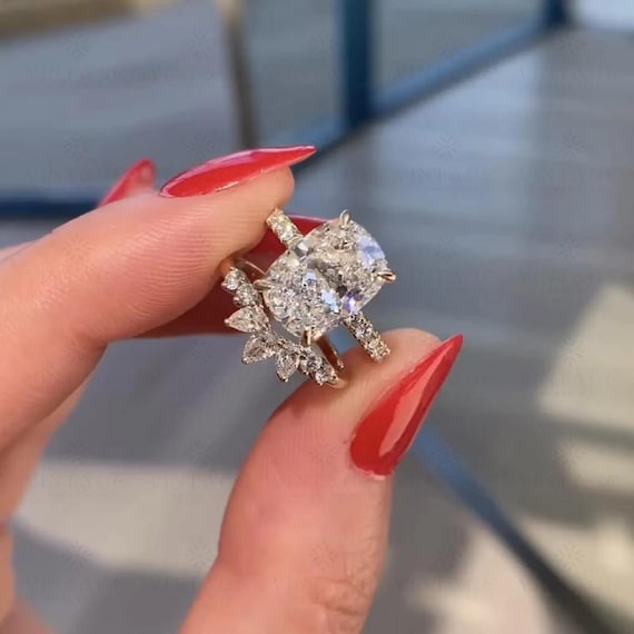 3CT Elongated Cushion Moissanite Ring | Hidden Halo Engagement Ring Set | Pave Wedding Band | Vintage Dainty Bridal Set for Her