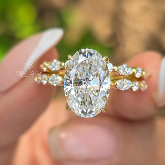 3 CT Oval cut Moissanite Engagement Ring Set 14K Solid Gold Oval Cut Moissanite Ring For Her Marquise Half Eternity Wedding Anniversary Ring