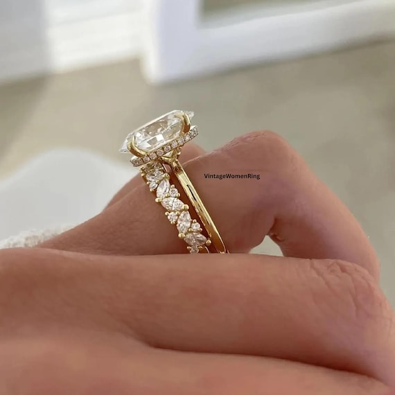 3.5CT Oval Moissanite Ring Set | Hidden Halo Engagement Ring & Wedding Band | Art Deco 14K Gold Bridal Jewelry | Gift for Her