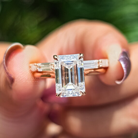 2 CT Emerald Cut Moissanite Engagement Ring Set 14K Solid Gold Ring Set Wedding Ring Set Bridal Ring Set Stacking Ring Set For Her