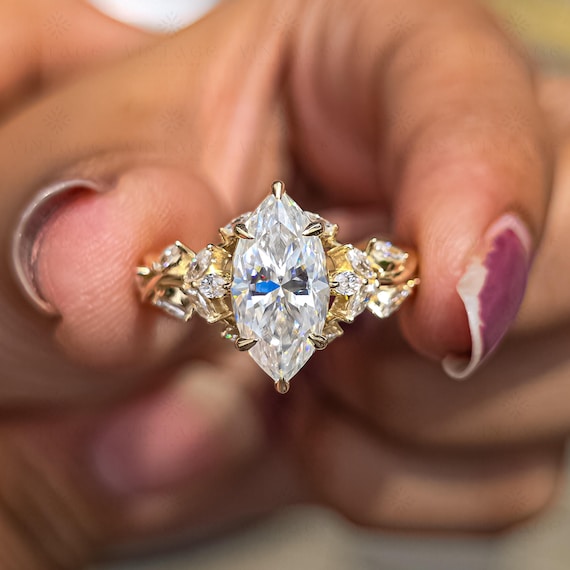 Marquise Cut Moissanite Engagement Ring | Vintage Style Antique Art Deco Style Engagement Ring, Luxury Anniversary Ring, Unique Wedding Ring