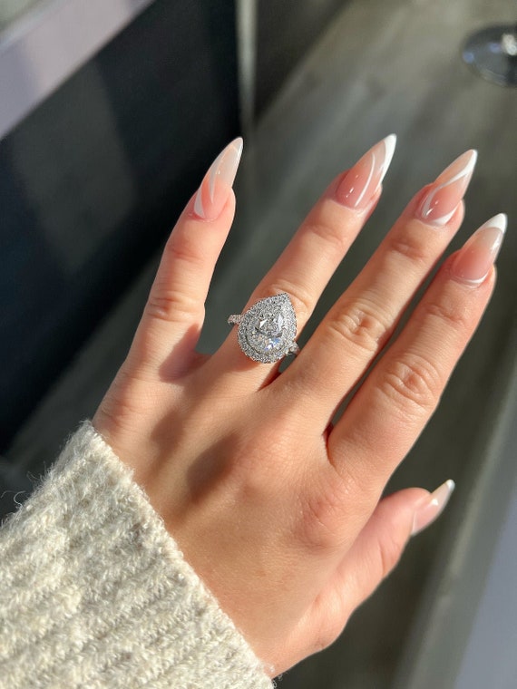 3 CT Pear Cut Halo Moissanite Engagement Ring Halo Ring Pear Cut Moissanite Promise Ring Solitaire Halo Anniversary Gift Ring For Her