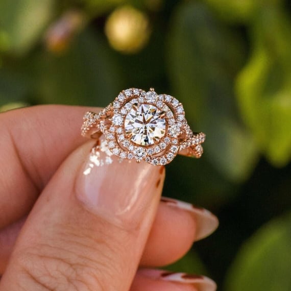 1 Ct Round Cut Moissanite Floral Style Engagement Ring Split Shank Wedding Ring Double Halo Infinity Ring Solid Gold Promise Ring for Women