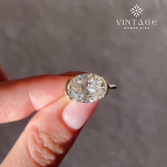 3CT East West Oval Cut Half Bezel Set Moissanite Diamond 14K Gold Engagement Ring Oval Solitaire Big Diamond Wedding Anniversary Ring forHer