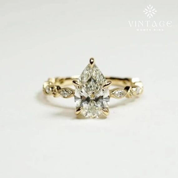3 CT Pear Cut Moissanite Wedding Ring Hidden Halo 14K Solid Gold Vintage Inspired Teardrop Engagement Eternity Band Solitaire Proposal Ring