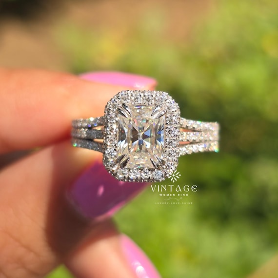 Vintage Radiant Cut Moissanite Halo Ring Split Shank Engagement Ring Double Prong Set 14K Gold Ring Three Row Pave Wedding Ring For Women