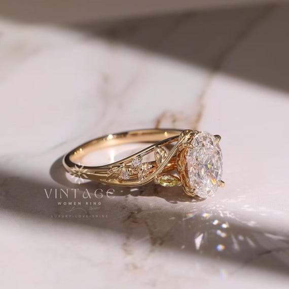 3 CT Floral Oval Cut Moissanite Engagement Ring Vintage Solid Gold Moissanite Solitaire Wedding Ring Nature Inspire Ring Gift For Girlfriend
