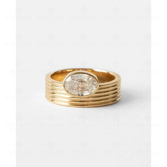 East to West Oval Cut Moissanite Ring | Bezel Set Wide Band Solitaire | 14K Solid Gold Wedding Ring | Anniversary Promise Gift for Her