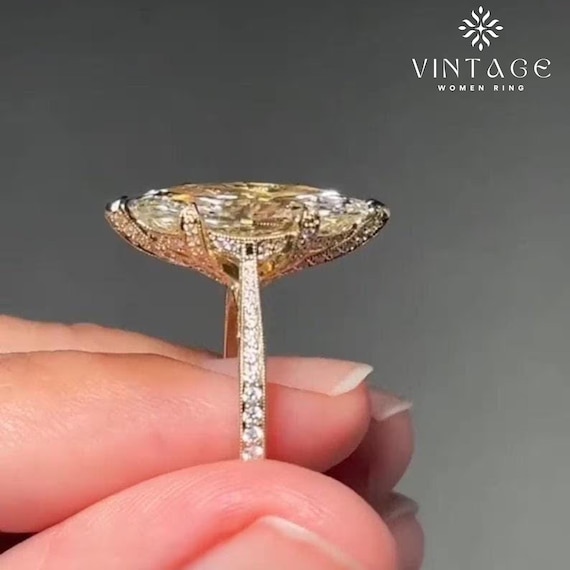 4 CT Marquise Cut Moissanite Engagement Ring, 18K Solid Gold 6 Prong With Hidden Halo Wedding Gift For Her, Elongated Marquise Promise Ring