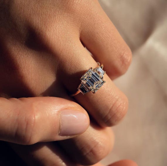 3CT Emerald Cut Moissanite Engagement Ring | Three Stone with Trapezoid Side Stones, Promise Ring, Anniversary & Mother’s Day Gift for Her