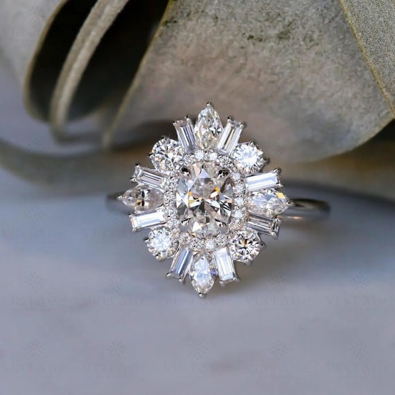 2 CT Oval Cut Moissanite Sunburst Engagement Ring | Solid White Gold Double Halo Ring | Antique Art Deco Anniversary & Wedding Ring for Her