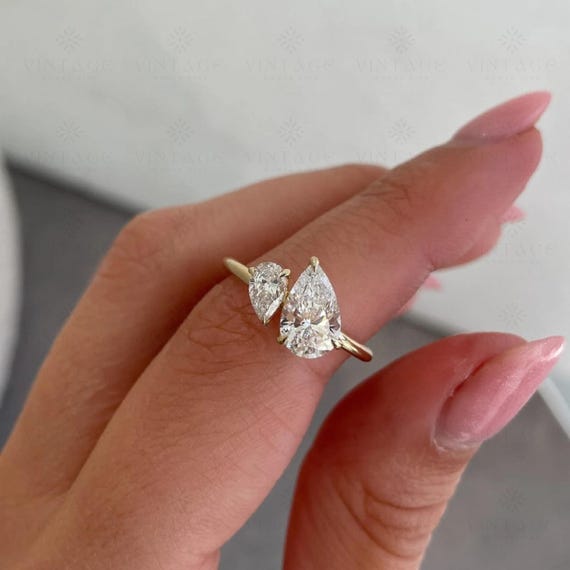 Toi et Moi Pear Cut Moissanite Ring: 14K Gold Two Stone Engagement Ring