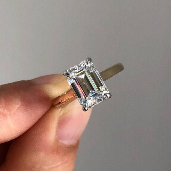 2 CT Emerald Cut Moissanite Solitaire Engagement Ring, 14K Solid White Gold, Elongated 4 Prong Wedding Ring, Promise Ring, Anniversary Ring