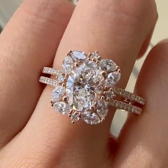 Oval Moissanite Engagement Ring | 2.20CT Double Shank Halo Ring | 14K Gold Wedding Band | Flower Set Bridal Jewelry | Wedding Gift for Her
