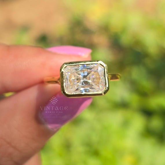 Radiant Cut Mossinite Diamond Full Bezel Set Ring 14K Yellow Gold Anniversary Gift For Her Diamond Solitaire Engagement Ring Promise ring