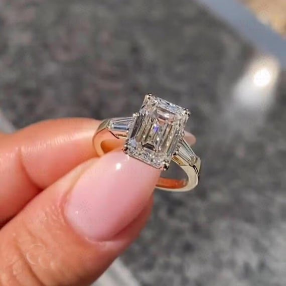 3 CT Emerald Cut 3 Stone Moissanite Solitaire Ring With Baguette Cut Band Half Bezel Set Gold Marriage Ring 3 Stone Ring Present For Girls