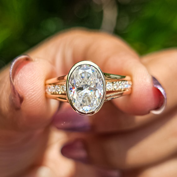 3 Ct Oval Moissanite Engagement Ring bezel set 14K solid gold Solitaire Ring Diamond Wedding Delicate Women Oval Cut Anniversary Gift Women