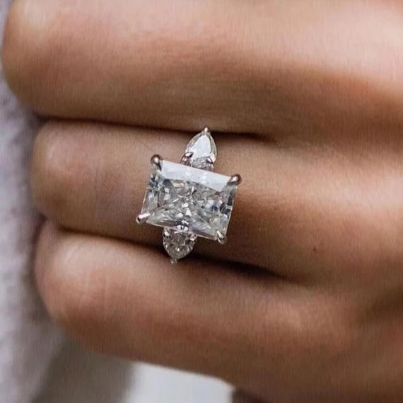 3CT Radiant Moissanite Engagement Ring | Three Stone Wedding Ring with Pear Side Stones | Iced Out Radiant Ring | Gift for Her