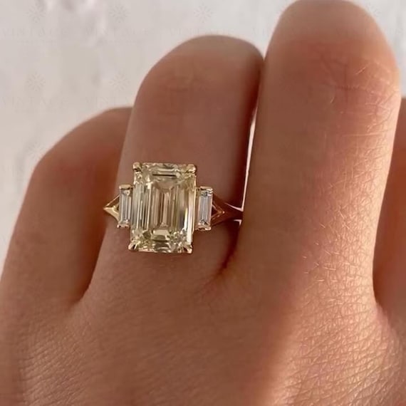4 CT Emerald Cut Moissanite Three Stone Engagement Ring | Baguette Side Stones | 14K Yellow Gold Wedding Ring | Trilogy Bridal Gift for Her