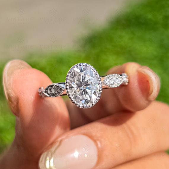 2 CT Bezel Set Oval Cut Moissanite Engagement Ring Unique Milgrain Set Wedding Ring Vintage Art Deco Ring Promise Ring Gift For Girlfriend