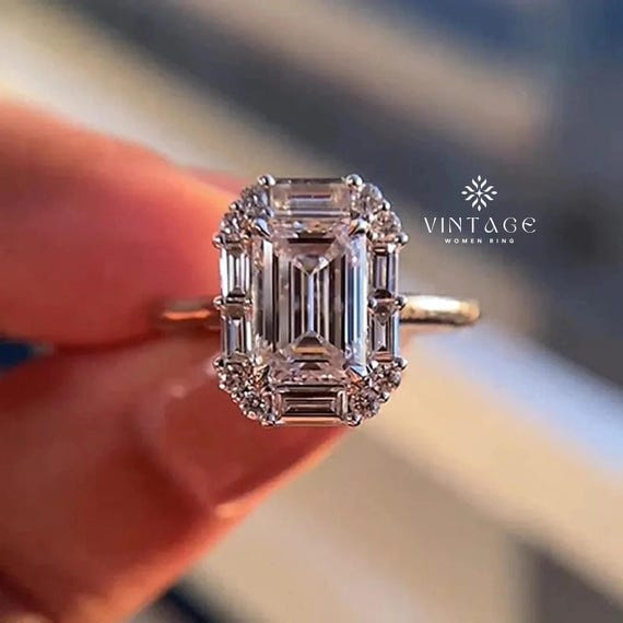 Halo Moissanite Unique Engagement Ring Baguette Diamond Ring Emerald Cut Moissanite Ring 2 CT Emerald Cut Diamond Ring Halo Ring For Her