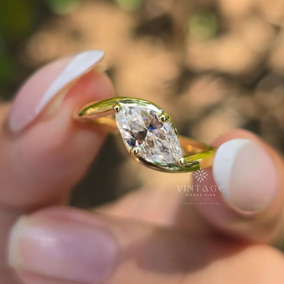 2 CT Marquise Cut Solitaire Ring East West Set Moissainte Diamond Ring 14K Yellow Gold Engagement Ring Anniversary Gift Ring For Girlfriend