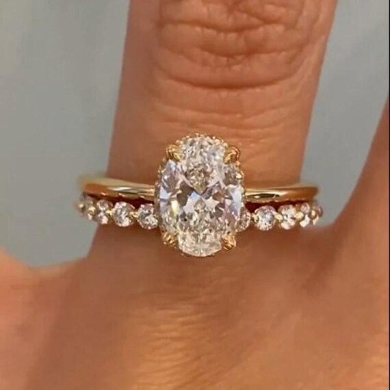 3 CT Oval Cut Moissanite Wedding Bridal Ring Set, 18K Solid Gold, Hidden Halo Ring, Round Full Eternity Band Anniversary Engagement Set Gift