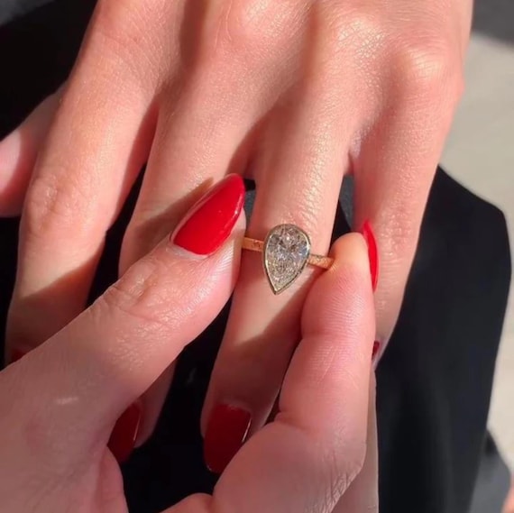 2 CT Pear Cut Moissanite Engagement Ring | Split Shank Bezel Set in 14K Yellow Gold | Unique Bridal Ring | Elegant Promise Ring Gift for Her