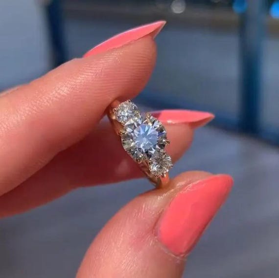Three Stone Round Cut Moissanite Engagement Ring Cathedral 14K Solid Gold Unique Wedding Ring Proposal Ring Anniversary Gift Ring for Her
