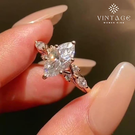 Vintage Marquise Cut Moissanite Engagement Ring: 18K Gold Three Stone Promise Ring