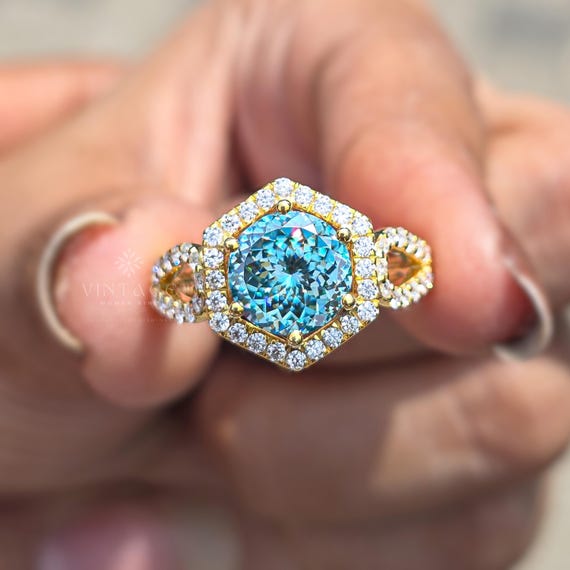 Cyan Blue Portuguese Cut Moissanite Ring Art Deco Unique Engagement Ring Round Portuguese Cut Promise Ring Solitaire Wedding Ring For Women