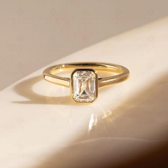 Emerald Cut Moissanite Solitaire Ring 14K Solid Gold Minimalist Bezel Set Engagement Ring Modern Classic Wedding Proposal Gift Ring For Her