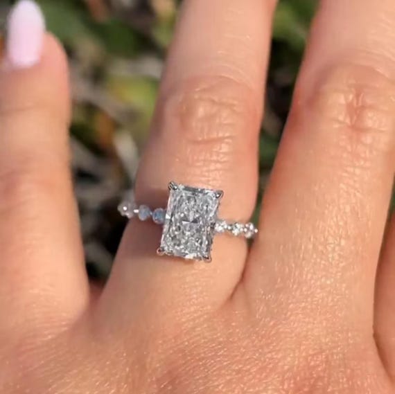 3CT Radiant Cut Moissanite Ring, Hidden Halo Engagement Ring, Radiant Cut Anniversary Ring, Hybrid Iced Out Radiant Cut Wedding Ring For Her