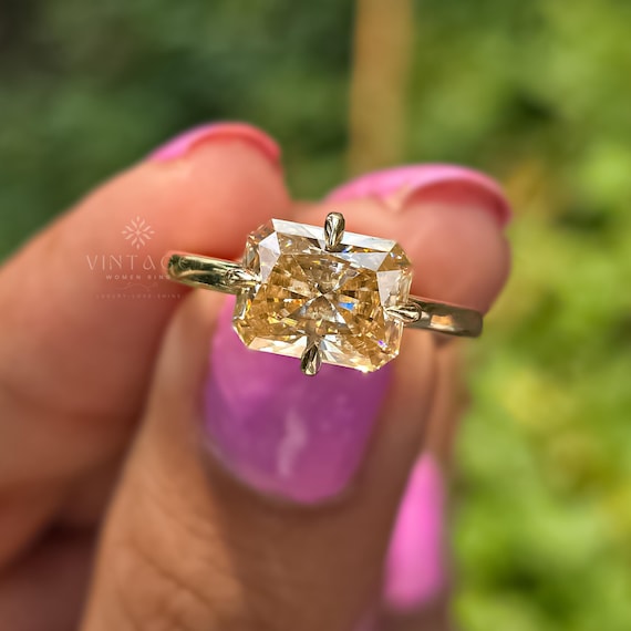 3CT Yellow East West Radiant Cut Moissanite Diamond Engagement Ring 14K Solid Gold Solitaire Claw Setting Ring Anniversary Gift Ring For Her