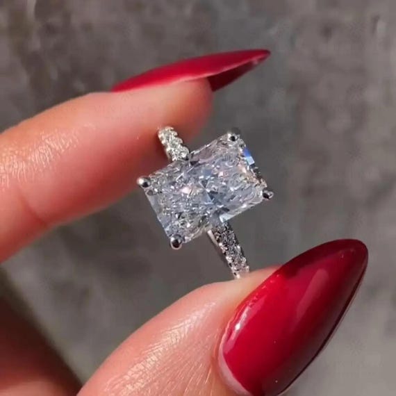 3CT Radiant Moissanite Ring: Vintage Art Deco Gold Halo, Pave Band