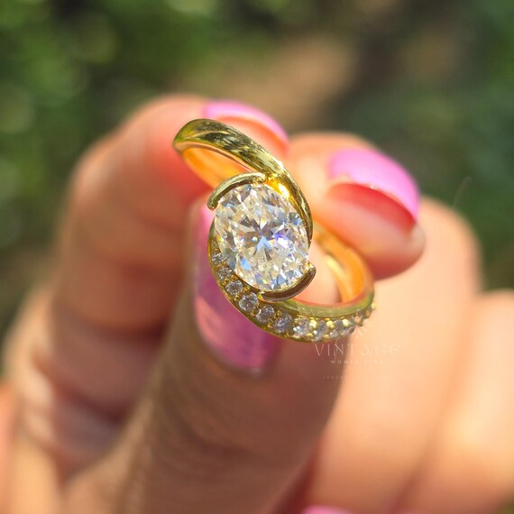 2.50 CT Oval Moissanite Ring East West Half Bezel Set Engagement Ring 14K Gold Bypass Ring Promise Ring Nature Inspired Ring Gift for Her