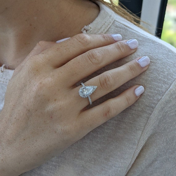 1.80ct Pear Cut Moissanite Halo Engagement Ring, Classic 10x7mm Pave Diamond Anniversary Ring,18K White Gold Wedding Ring Gift For Women