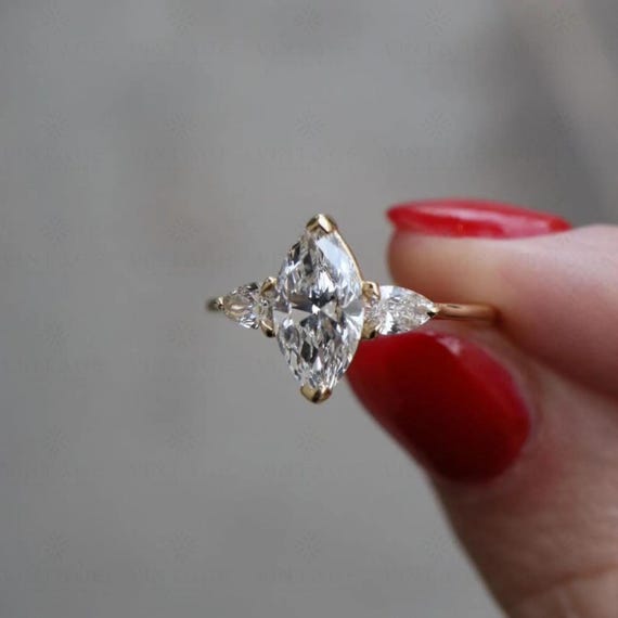 3CT Marquise Moissanite Diamond Three Stone Ring 14k Solid Gold Diamond Ring Marquise and Pear Diamonds Trilogy Ring Classy Anniversary Ring