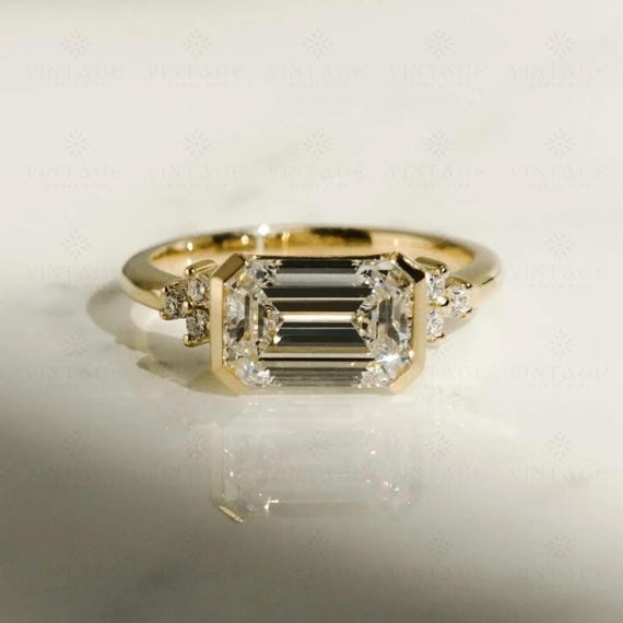 Handmade 2 CT Emerald Cut Moissanite Ring: 18K Gold Hidden Halo Solitaire