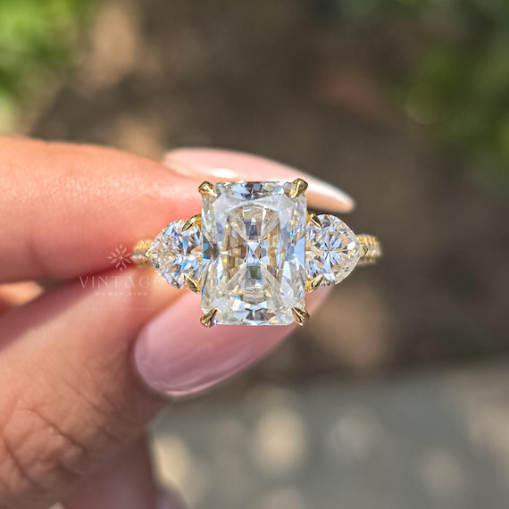 3.50 CT Radiant Cut Colorless Moissanite Ring Side Trapezoid Moissanite Three Stone Engagement Ring Halo Solitaire Promise Ring For Her