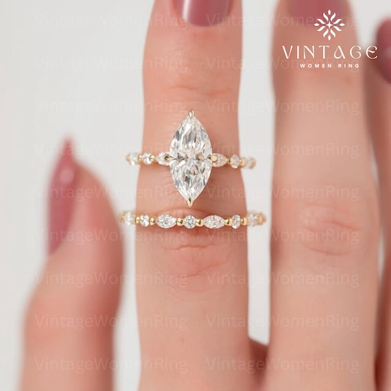 2.5CT Marquise Moissanite Bridal Set: Solid Yellow Gold Vintage Engagement Ring