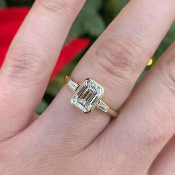 3 CT Emerald Cut Moissanite Engagement Ring, Three Stone Wedding Ring, Half Bezel Set Baguette Cut Side Tapper Ring Anniversary Ring For Her