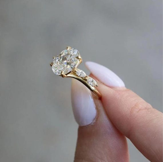 2 CT Oval Moissanite Engagement Ring, Side Stone Marquise Cluster Diamond Ring, 14k Solid Gold Hidden Pave Bridge Ring, Wedding Ring